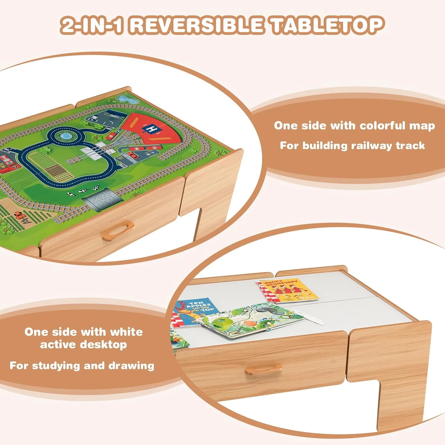 HONEY JOY Train Table, Wooden Kids Activity Table with Storage, 100 Multicolor Pieces, Tracks, Trains, Cars, Toddler Train Table Set with Reversible Tabletop, Gift for Boys Girls Age 3 , Natural