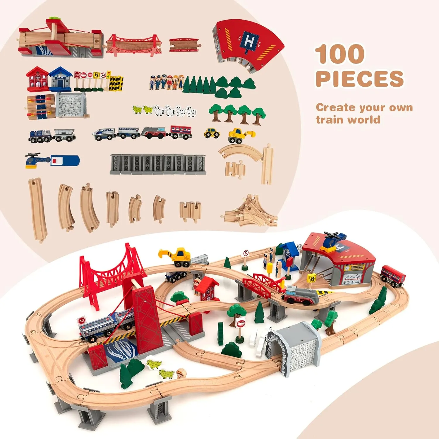 HONEY JOY Train Table, Wooden Kids Activity Table with Storage, 100 Multicolor Pieces, Tracks, Trains, Cars, Toddler Train Table Set with Reversible Tabletop, Gift for Boys Girls Age 3 , Natural