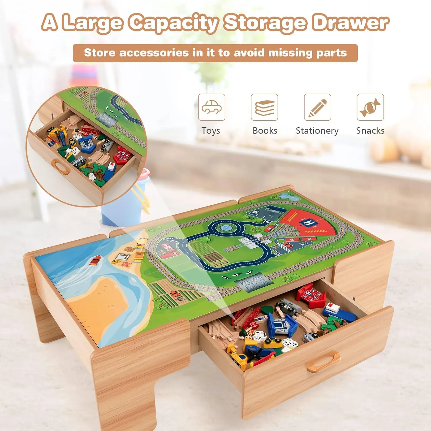 HONEY JOY Train Table, Wooden Kids Activity Table with Storage, 100 Multicolor Pieces, Tracks, Trains, Cars, Toddler Train Table Set with Reversible Tabletop, Gift for Boys Girls Age 3 , Natural