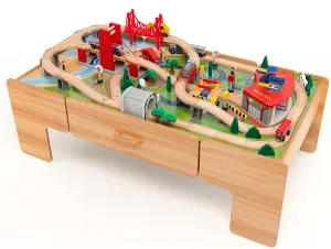 HONEY JOY Train Table, Wooden Kids Activity Table with Storage, 100 Multicolor Pieces, Tracks, Trains, Cars, Toddler Train Table Set with Reversible Tabletop, Gift for Boys Girls Age 3 , Natural