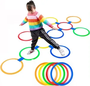 Hopscotch Rings- 11in Hopscotch Game Hoops Circles with 15 Connectors for Kids Balance Agility Training Obstacle Course, Children Birthday Fun Play Indoor Outdoor Backyard Playground Activity