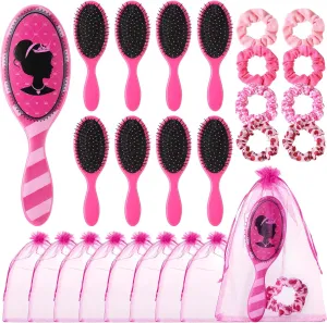 Hotop 24 Pcs Hot Pink Girl Princess Party Favors for 8 Girls, Include 9 Inch Hair Brush Detangling Brush Scrunchies Organza Bag for Makeup Kit Hair Accessories Party Supplies