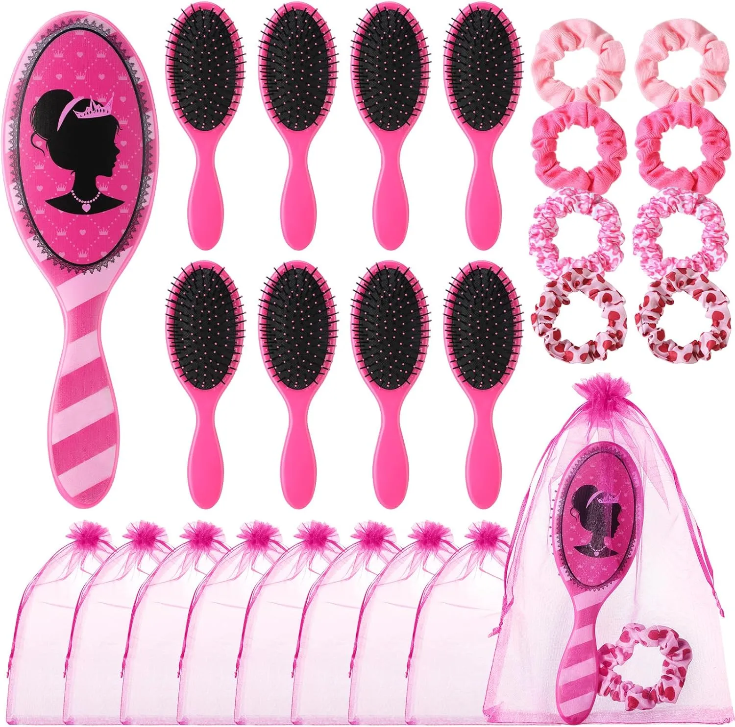 Hotop 24 Pcs Hot Pink Girl Princess Party Favors for 8 Girls, Include 9 Inch Hair Brush Detangling Brush Scrunchies Organza Bag for Makeup Kit Hair Accessories Party Supplies