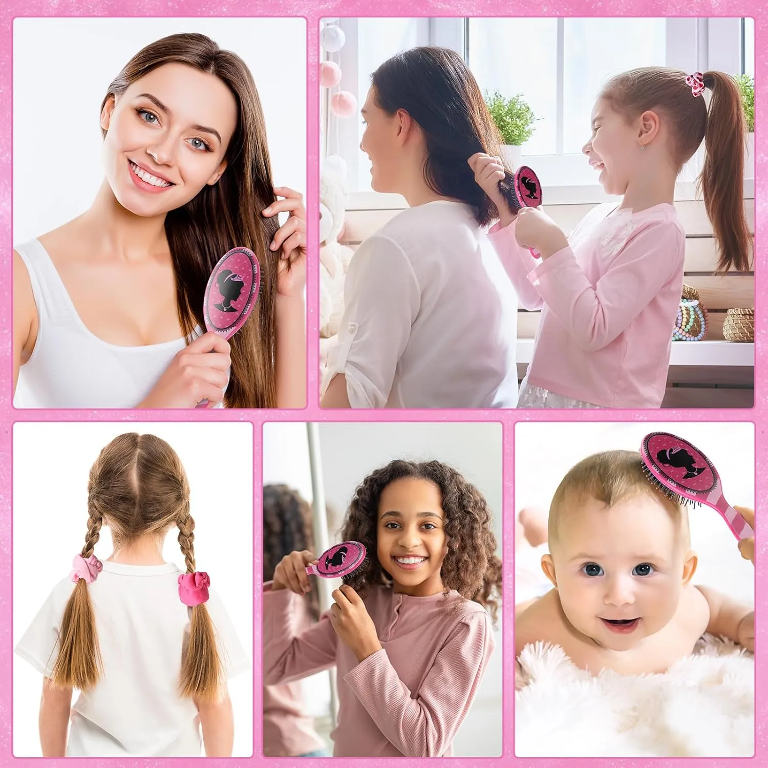 Hotop 24 Pcs Hot Pink Girl Princess Party Favors for 8 Girls, Include 9 Inch Hair Brush Detangling Brush Scrunchies Organza Bag for Makeup Kit Hair Accessories Party Supplies