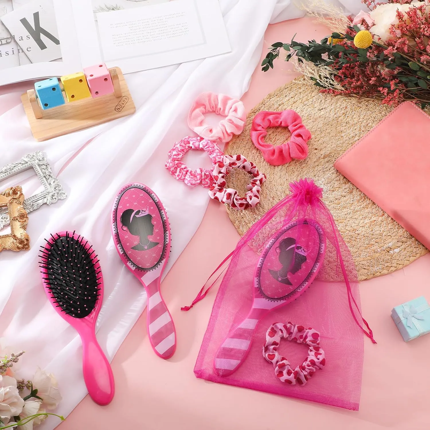 Hotop 24 Pcs Hot Pink Girl Princess Party Favors for 8 Girls, Include 9 Inch Hair Brush Detangling Brush Scrunchies Organza Bag for Makeup Kit Hair Accessories Party Supplies