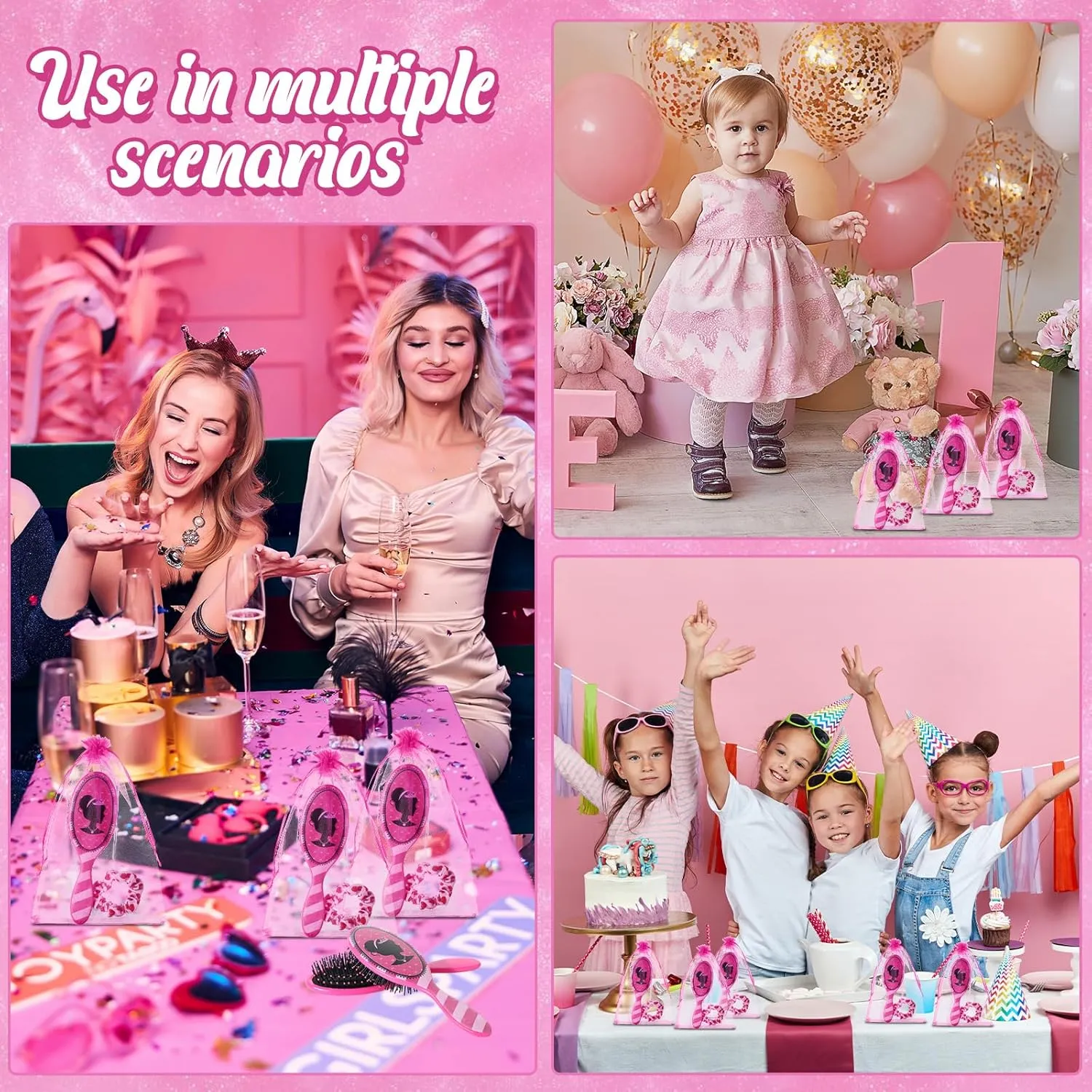 Hotop 24 Pcs Hot Pink Girl Princess Party Favors for 8 Girls, Include 9 Inch Hair Brush Detangling Brush Scrunchies Organza Bag for Makeup Kit Hair Accessories Party Supplies
