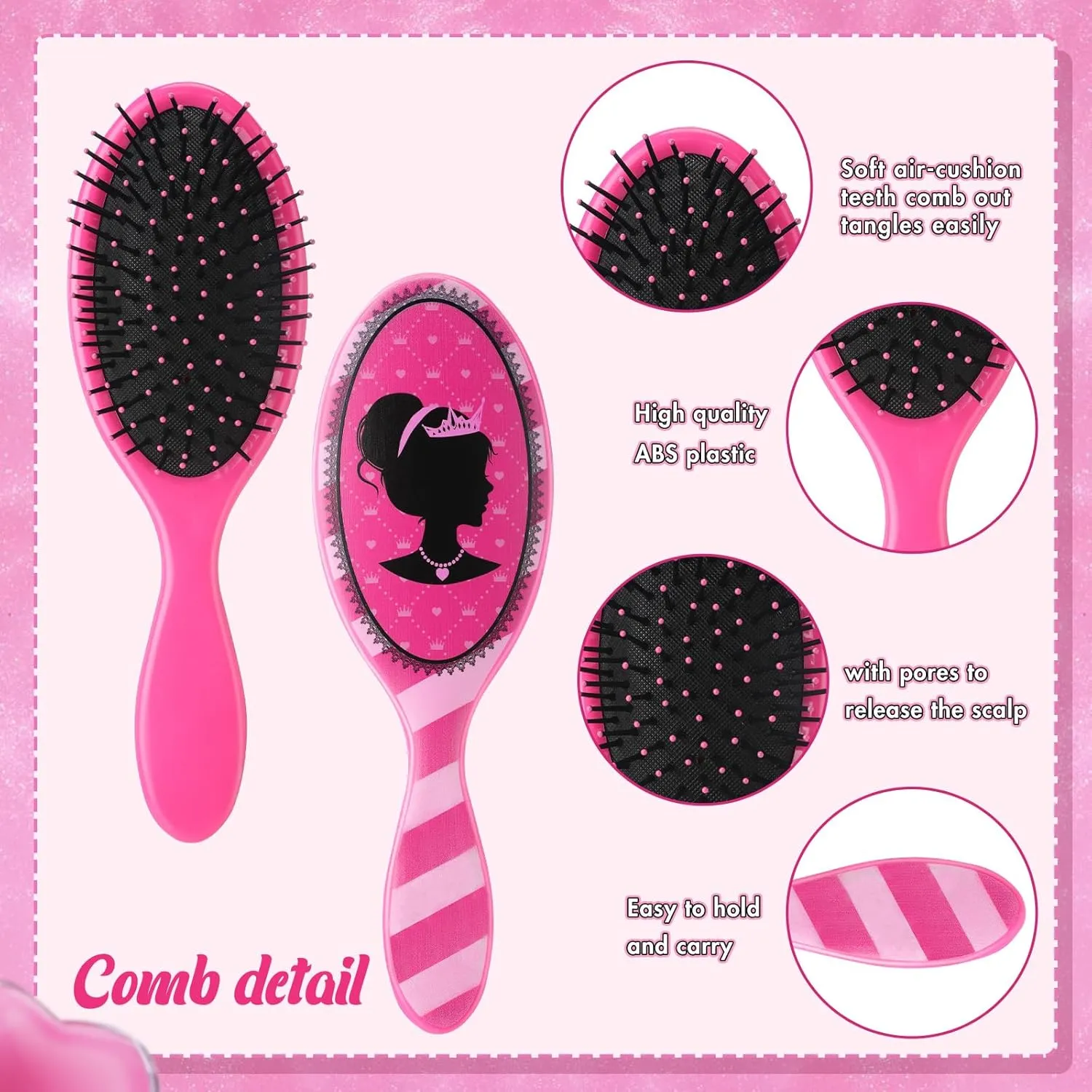 Hotop 24 Pcs Hot Pink Girl Princess Party Favors for 8 Girls, Include 9 Inch Hair Brush Detangling Brush Scrunchies Organza Bag for Makeup Kit Hair Accessories Party Supplies