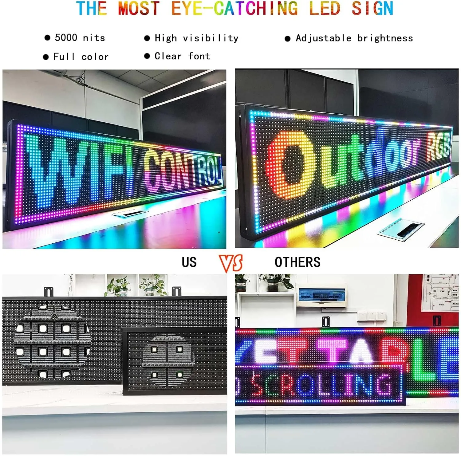 HS Scrolling Led Sign Programmable, Outdoor Digital Signs Waterproof ，Electronic Message Display Board ,Large Open Neon Signs, for Business Store Advertisement Window Public , Full Color High Brightness P10 77’’x14’’, APP control