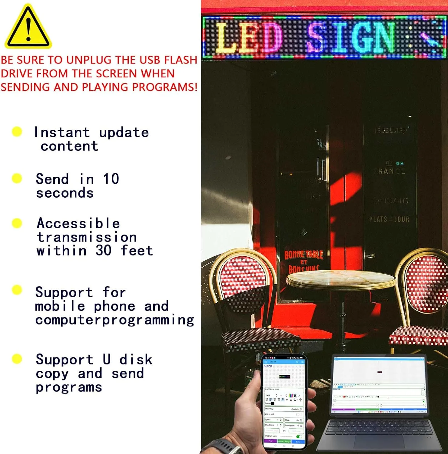 HS Scrolling Led Sign Programmable, Outdoor Digital Signs Waterproof ，Electronic Message Display Board ,Large Open Neon Signs, for Business Store Advertisement Window Public , Full Color High Brightness P10 77’’x14’’, APP control