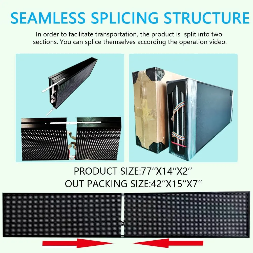 HS Scrolling Led Sign Programmable, Outdoor Digital Signs Waterproof ，Electronic Message Display Board ,Large Open Neon Signs, for Business Store Advertisement Window Public , Full Color High Brightness P10 77’’x14’’, APP control