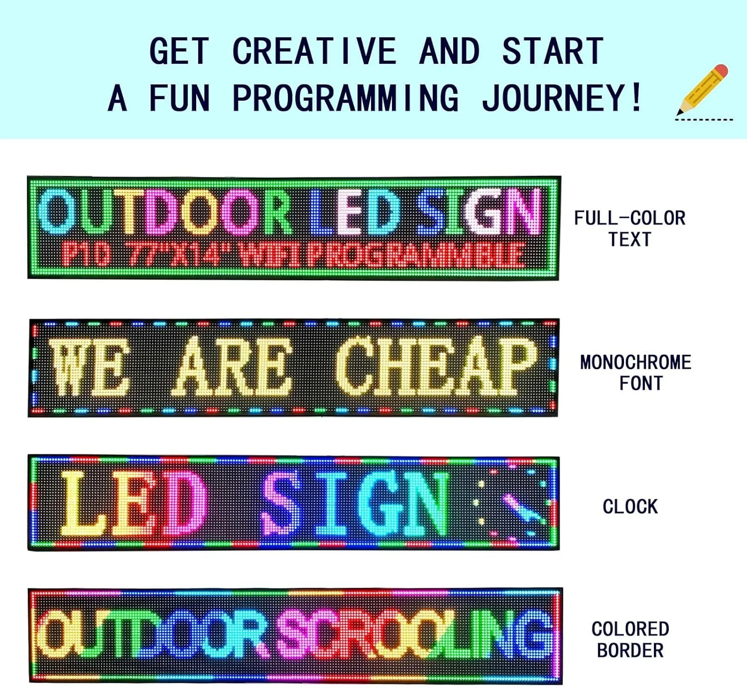 HS Scrolling Led Sign Programmable, Outdoor Digital Signs Waterproof ，Electronic Message Display Board ,Large Open Neon Signs, for Business Store Advertisement Window Public , Full Color High Brightness P10 77’’x14’’, APP control