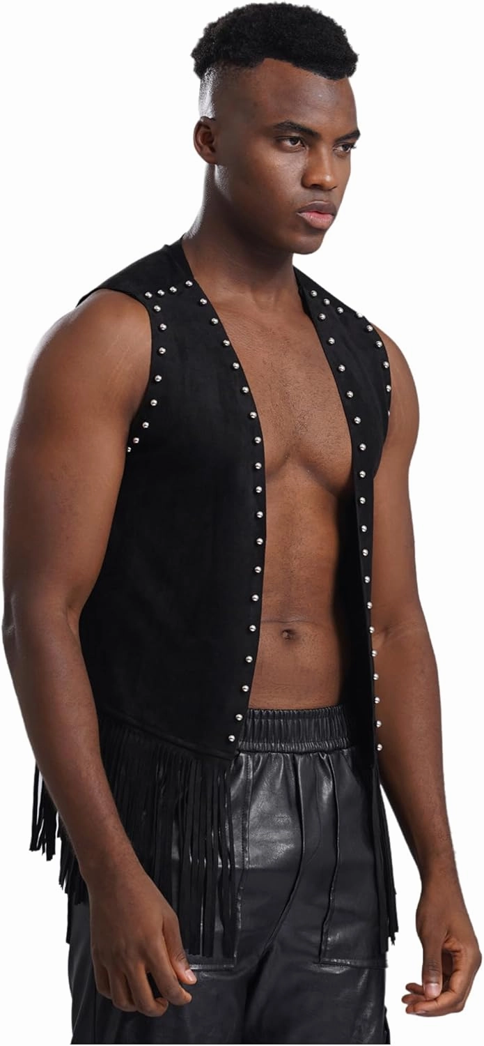 iiniim Men's Sleeveless Faux Suede Tassel Vest Rivets Fringe Waistcoat Open Front Hippie Jacket