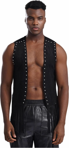 iiniim Men's Sleeveless Faux Suede Tassel Vest Rivets Fringe Waistcoat Open Front Hippie Jacket