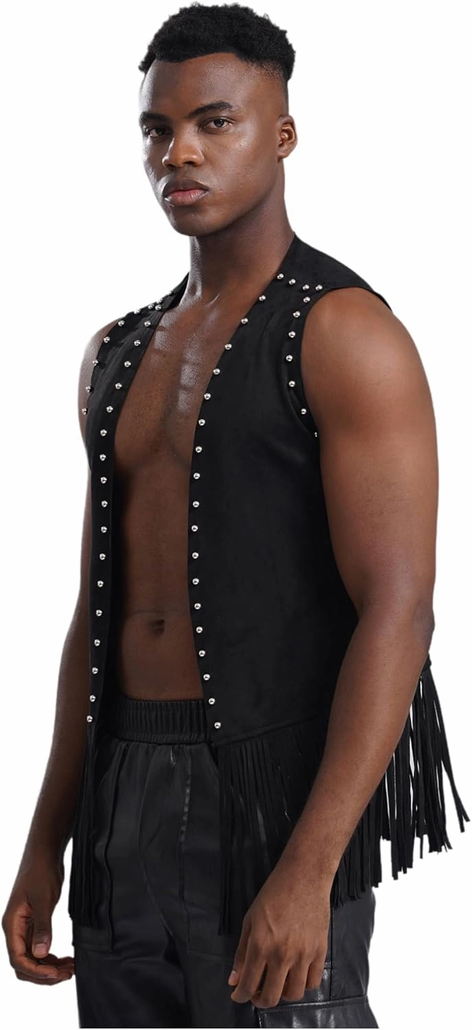 iiniim Men's Sleeveless Faux Suede Tassel Vest Rivets Fringe Waistcoat Open Front Hippie Jacket