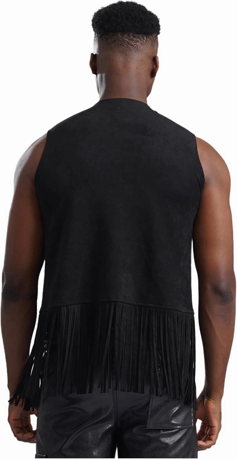 iiniim Men's Sleeveless Faux Suede Tassel Vest Rivets Fringe Waistcoat Open Front Hippie Jacket