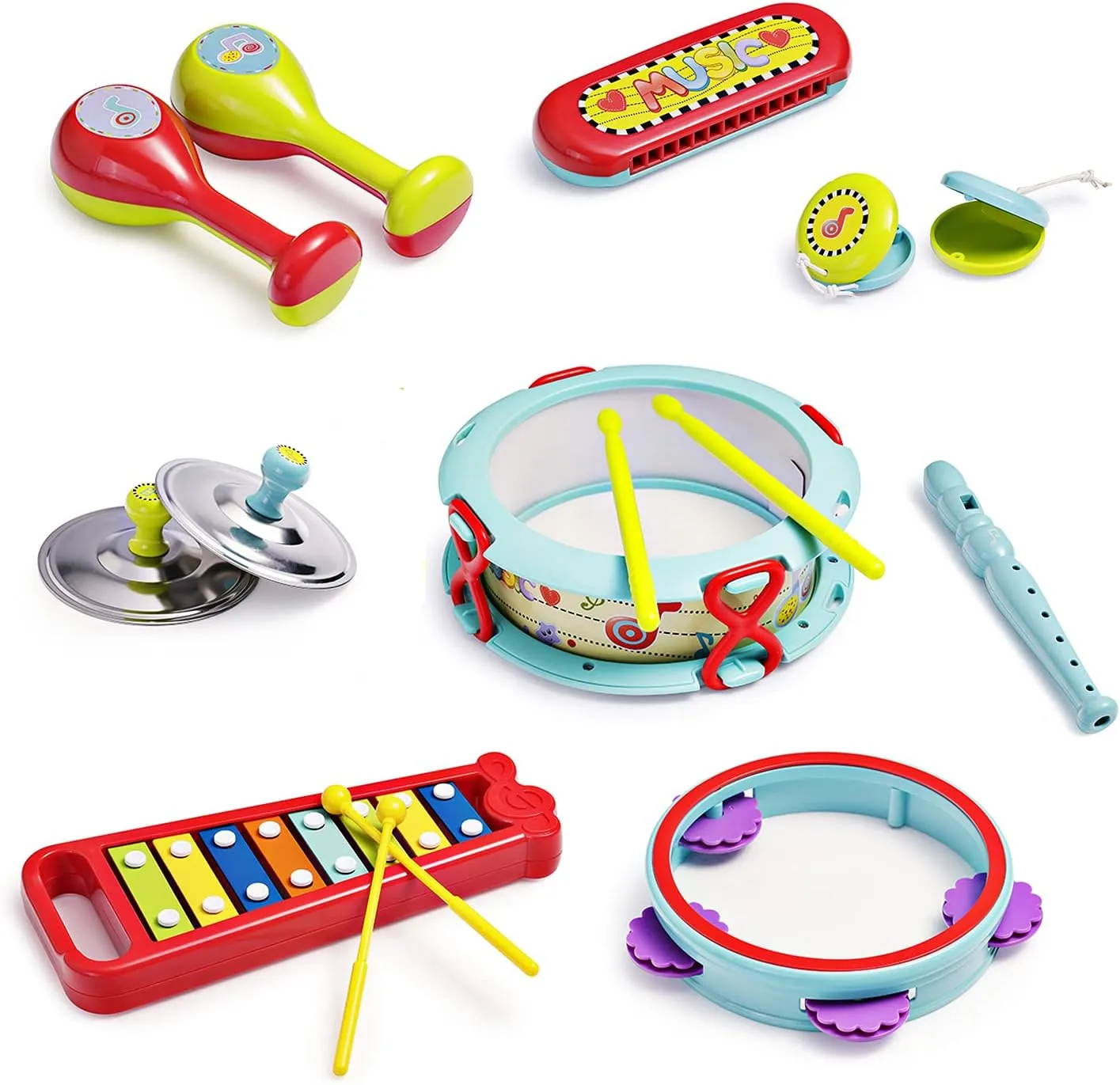 infunbebe Musical Instrument Set with Xylophone Toddler Band Set Musical Instruments for Early Development, Musical Toy with for Kids 15 PCS