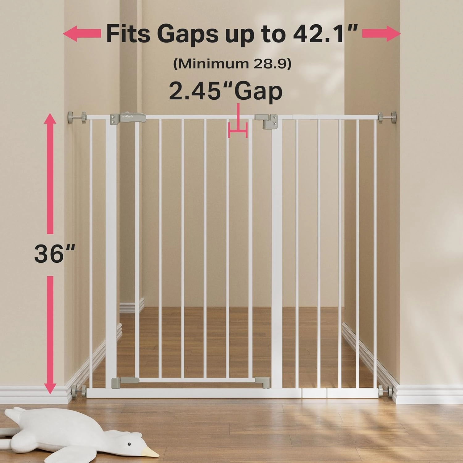 InnoTruth 36" Extra Tall Baby Gate for Stairs, 28.9-42.1" Dog Gates for Doorways One-Hand Opening, Easy Walk Thru Dual Lock Dog Gates for The House, Hallways, Bedrooms, Easy Install Kid Gate,White