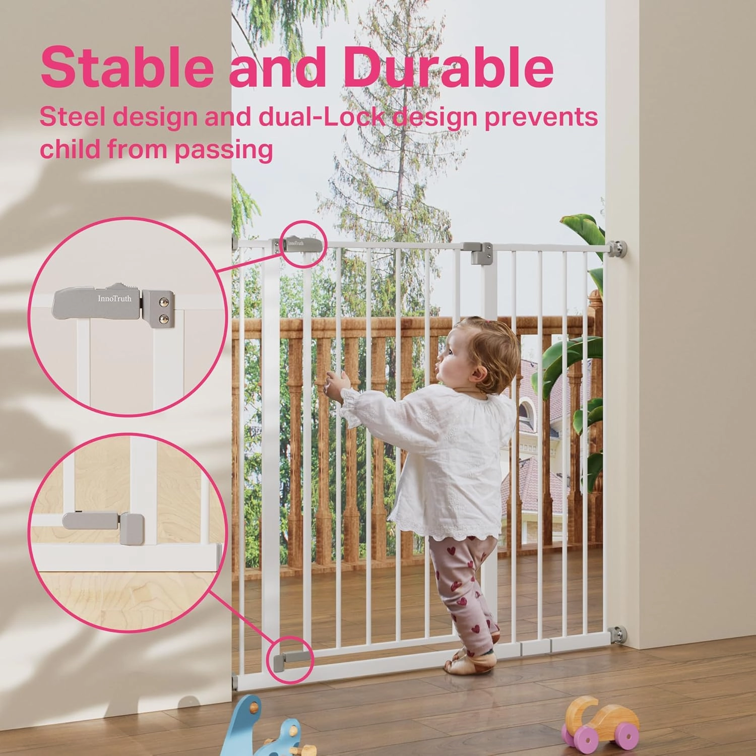 InnoTruth 36" Extra Tall Baby Gate for Stairs, 28.9-42.1" Dog Gates for Doorways One-Hand Opening, Easy Walk Thru Dual Lock Dog Gates for The House, Hallways, Bedrooms, Easy Install Kid Gate,White