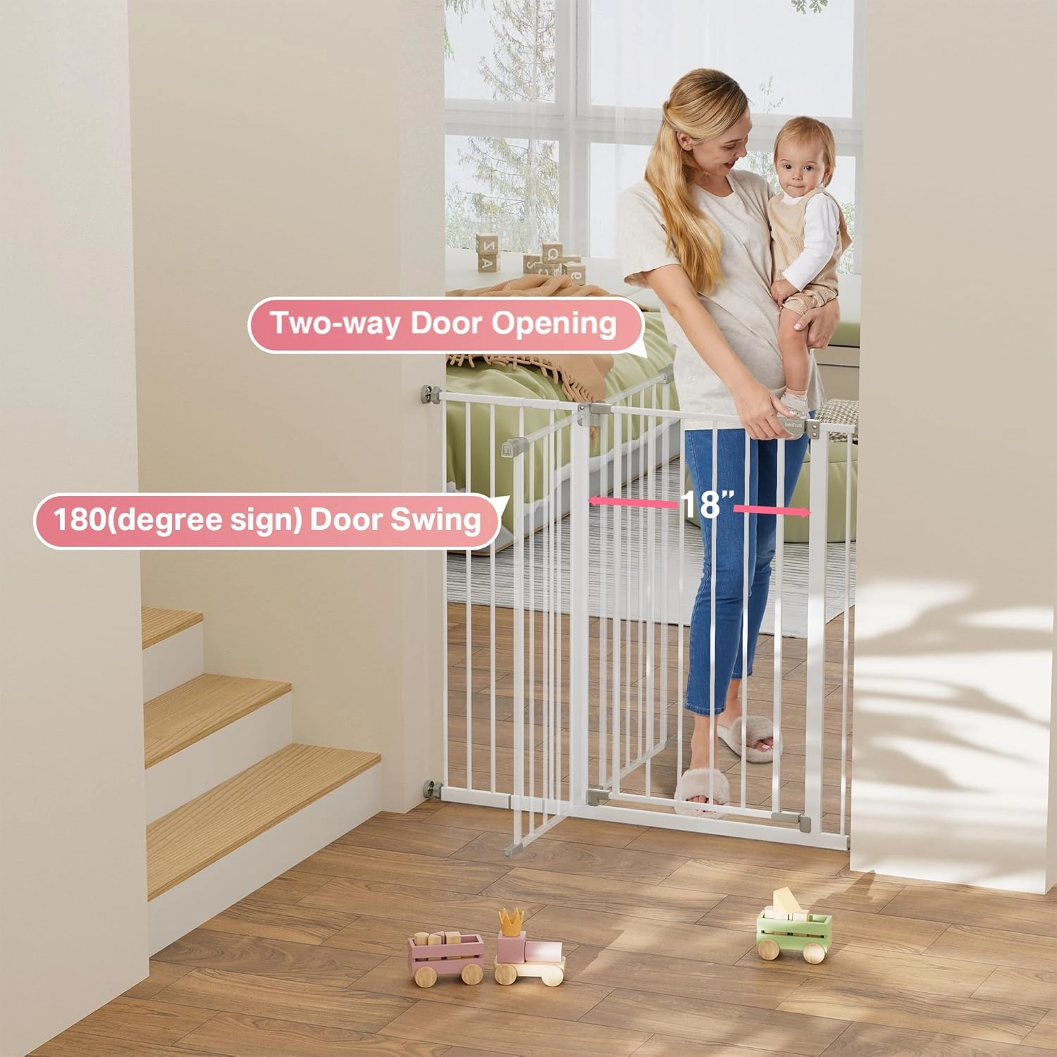 InnoTruth 36" Extra Tall Baby Gate for Stairs, 28.9-42.1" Dog Gates for Doorways One-Hand Opening, Easy Walk Thru Dual Lock Dog Gates for The House, Hallways, Bedrooms, Easy Install Kid Gate,White
