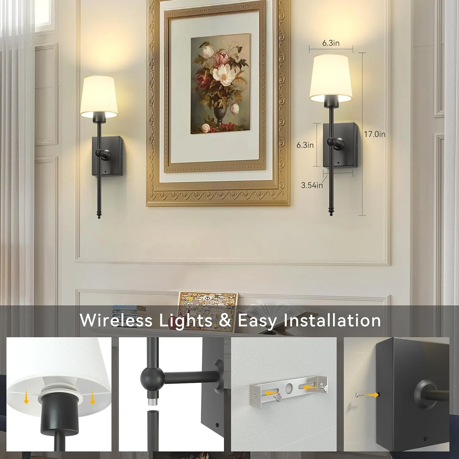 iThird Battery Operated Wall Sconces Set of 2: Black Rechargeable Wall Lights with 6000mAh Detachable Battery and Remote,4CCT Dimmable Wireless Sconce Lamp for Bedroom Living Room Hallway Bathroom