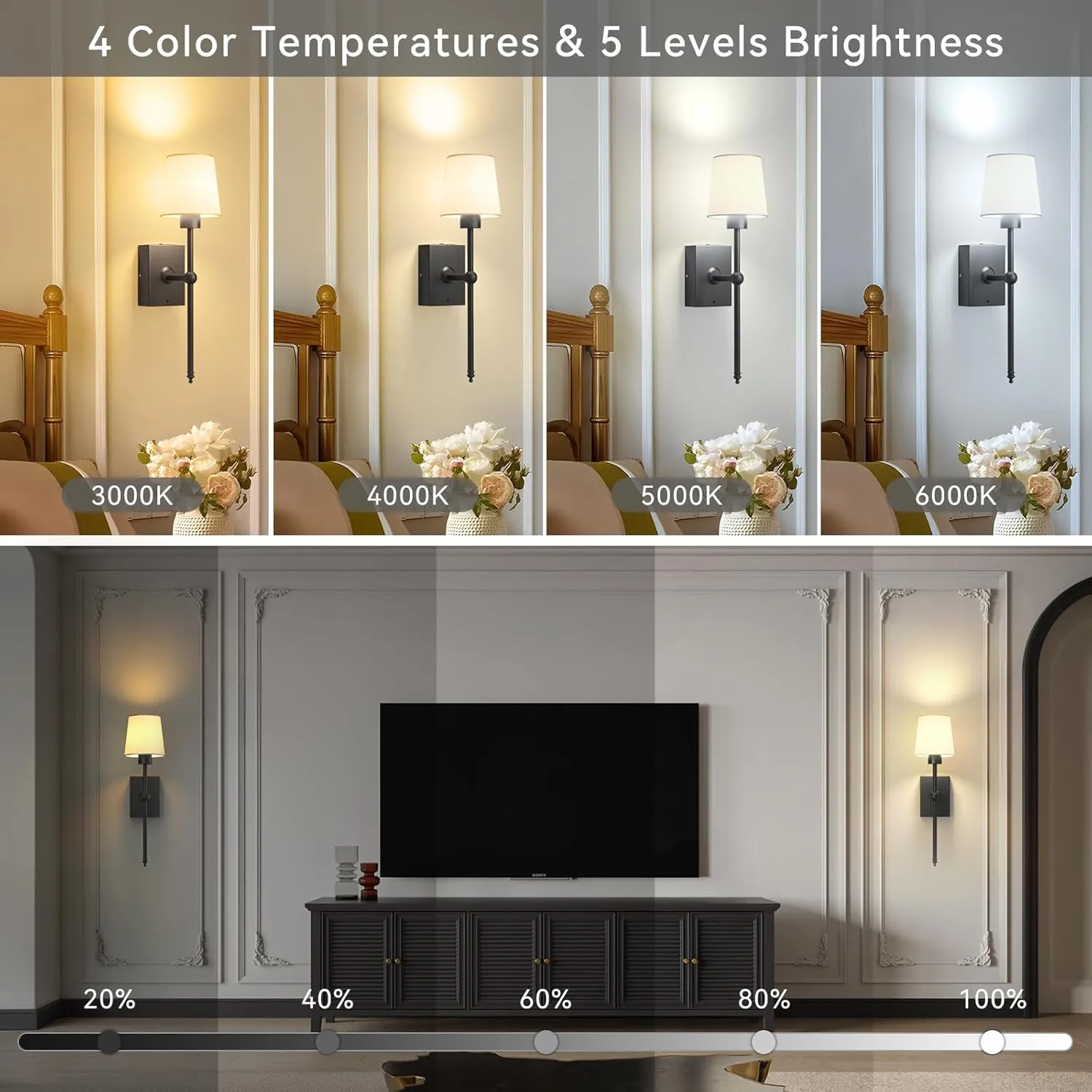 iThird Battery Operated Wall Sconces Set of 2: Black Rechargeable Wall Lights with 6000mAh Detachable Battery and Remote,4CCT Dimmable Wireless Sconce Lamp for Bedroom Living Room Hallway Bathroom