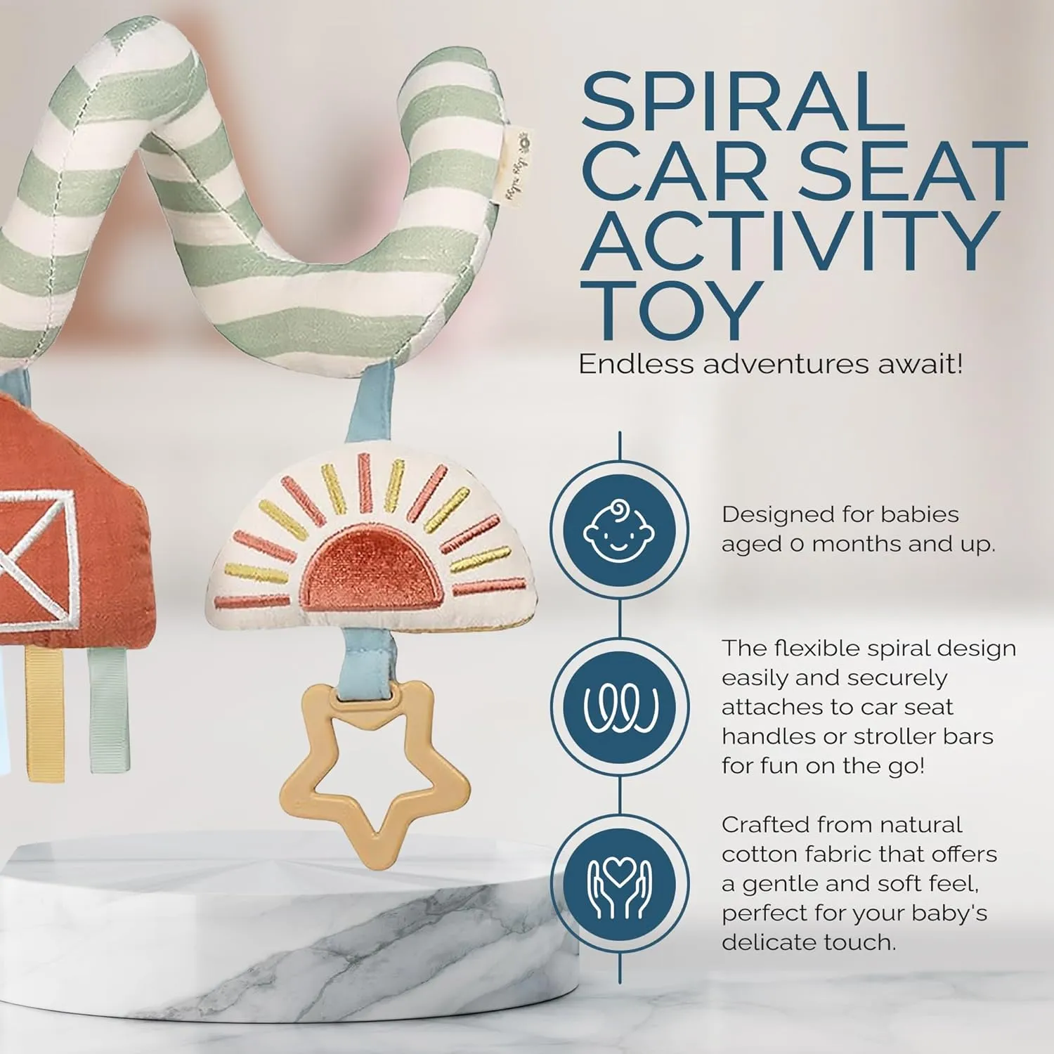 Itzy Ritzy Spiral Car Seat & Stroller Activity Toy - Stroller & Car Seat Toys for Ages 0 Months and Up - Hanging Toys Include Dangling Ring, Mirror and Textured Ribbons (Farm)