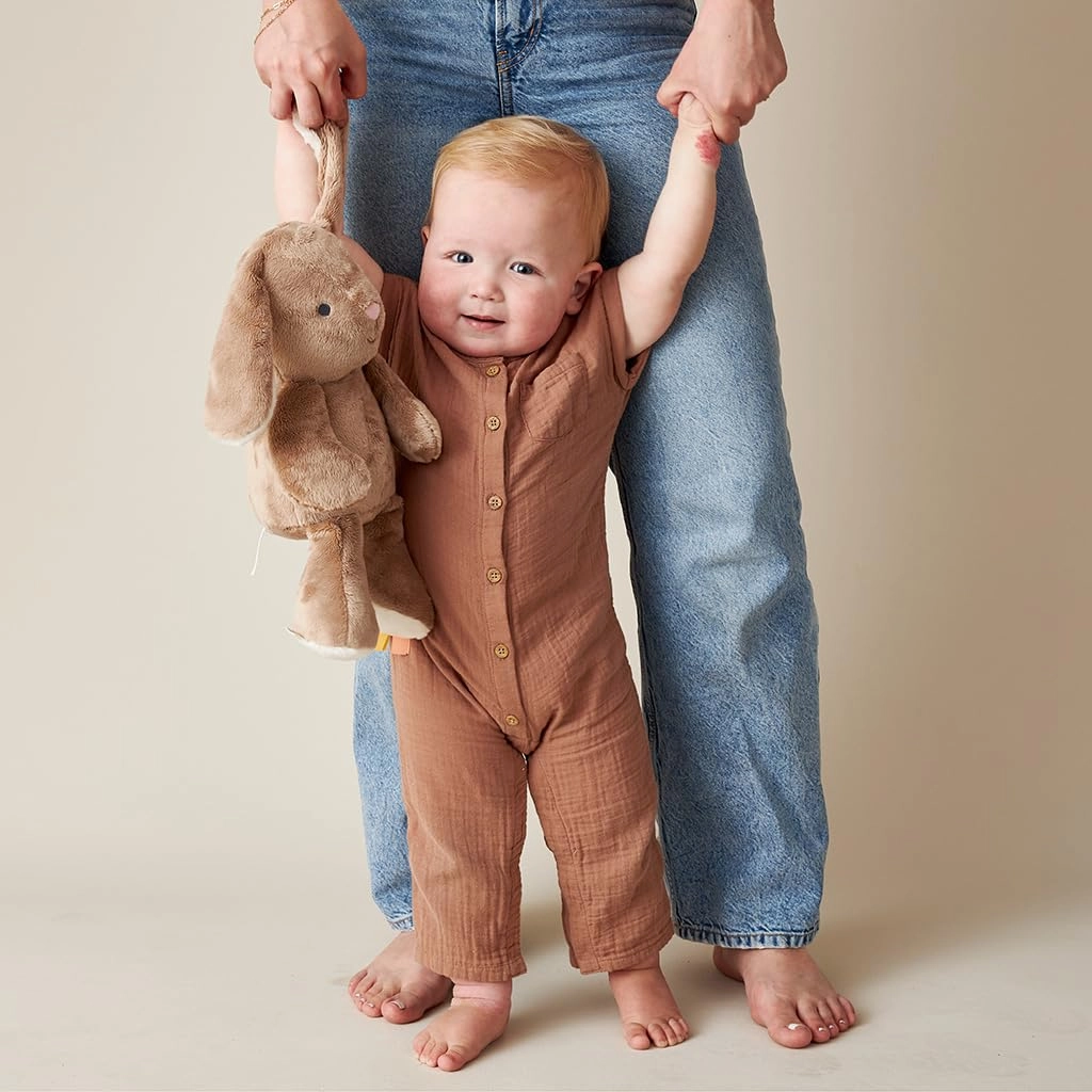 Itzy Ritzy Baby Plush Toy – Soft Stuffed Animal for Babies & Kids – Sensory Ribbons & Textured Fabrics for Tactile Play – Cozy & Cuddly Companion for Newborns & Up (Taupe Bunny)