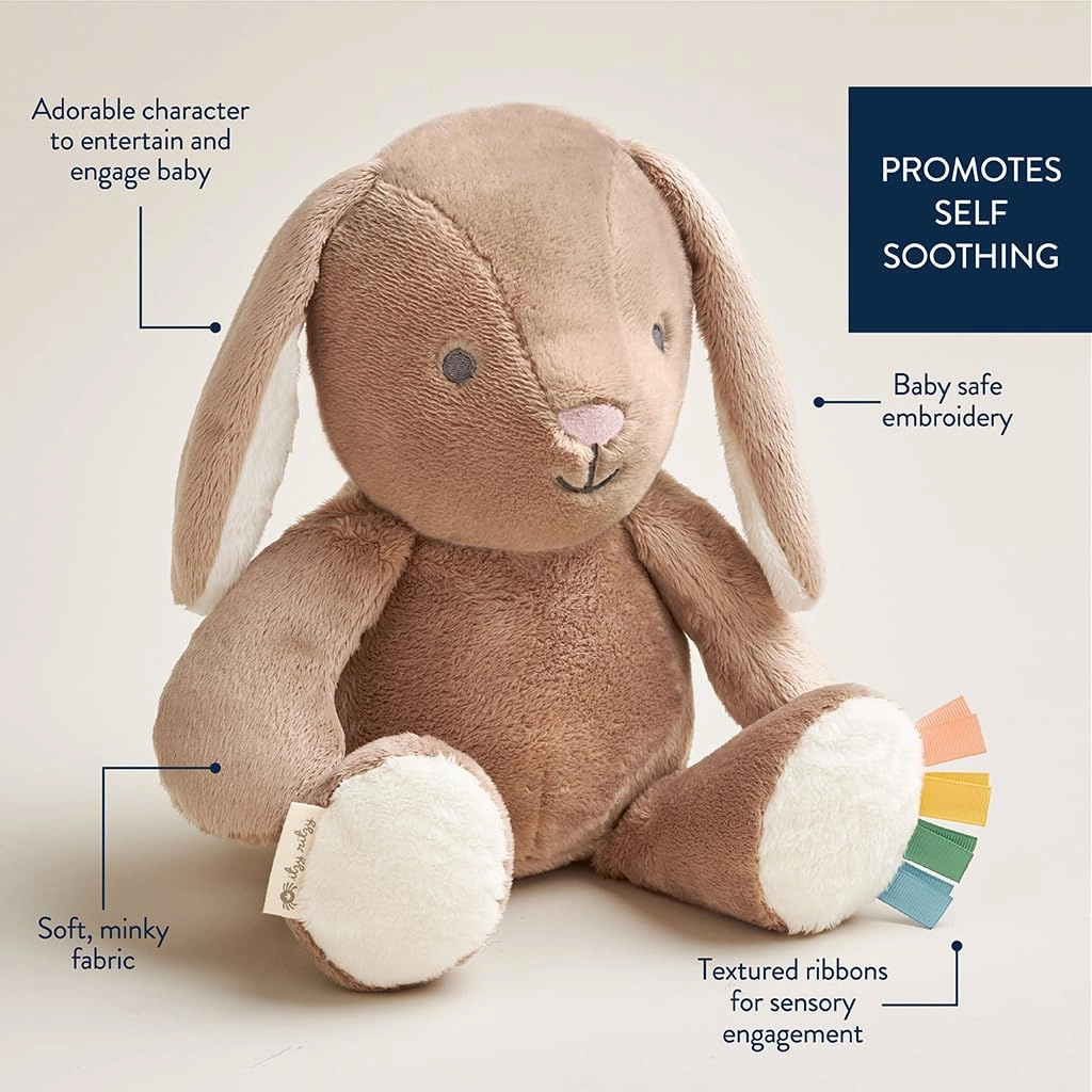 Itzy Ritzy Baby Plush Toy – Soft Stuffed Animal for Babies & Kids – Sensory Ribbons & Textured Fabrics for Tactile Play – Cozy & Cuddly Companion for Newborns & Up (Taupe Bunny)