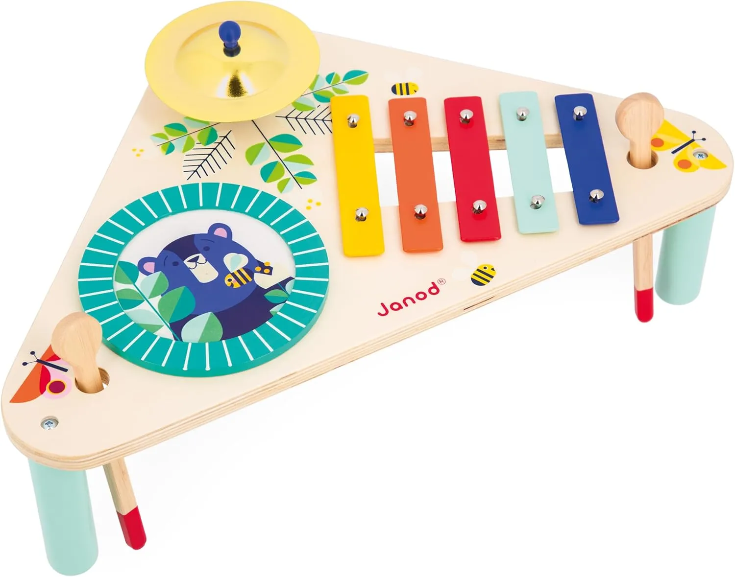Janod - Gioia Wooden Musical Table - 3 Children's Musical Instruments - Imitation Toy and Musical Stimulus - Water Painting - from 12 Months, J07655