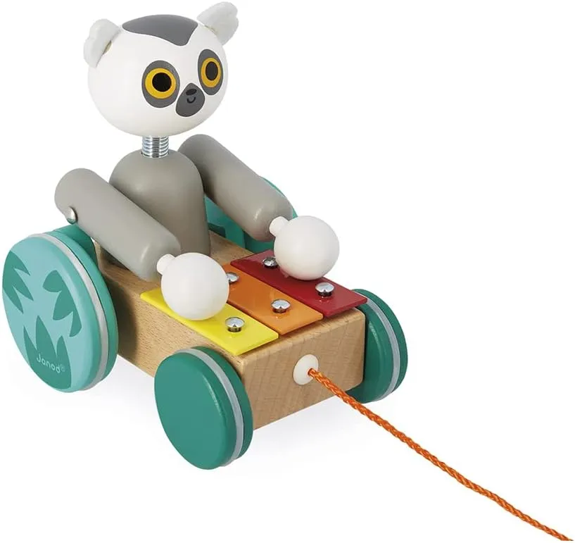 Janod - Tropik Pull-Along Lemur Xylophone - 2-in-1 Wooden Early-Learning Toy - Musical Educational Toy - Walking and Balancing - Water-Based Paint - 18 Months   J08270