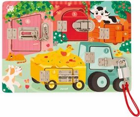 Janod J07119 Farm Padlock Activity Board with 5 Opening Types of Wooden Toys, FSC- from 3 Years, Multi-Coloured