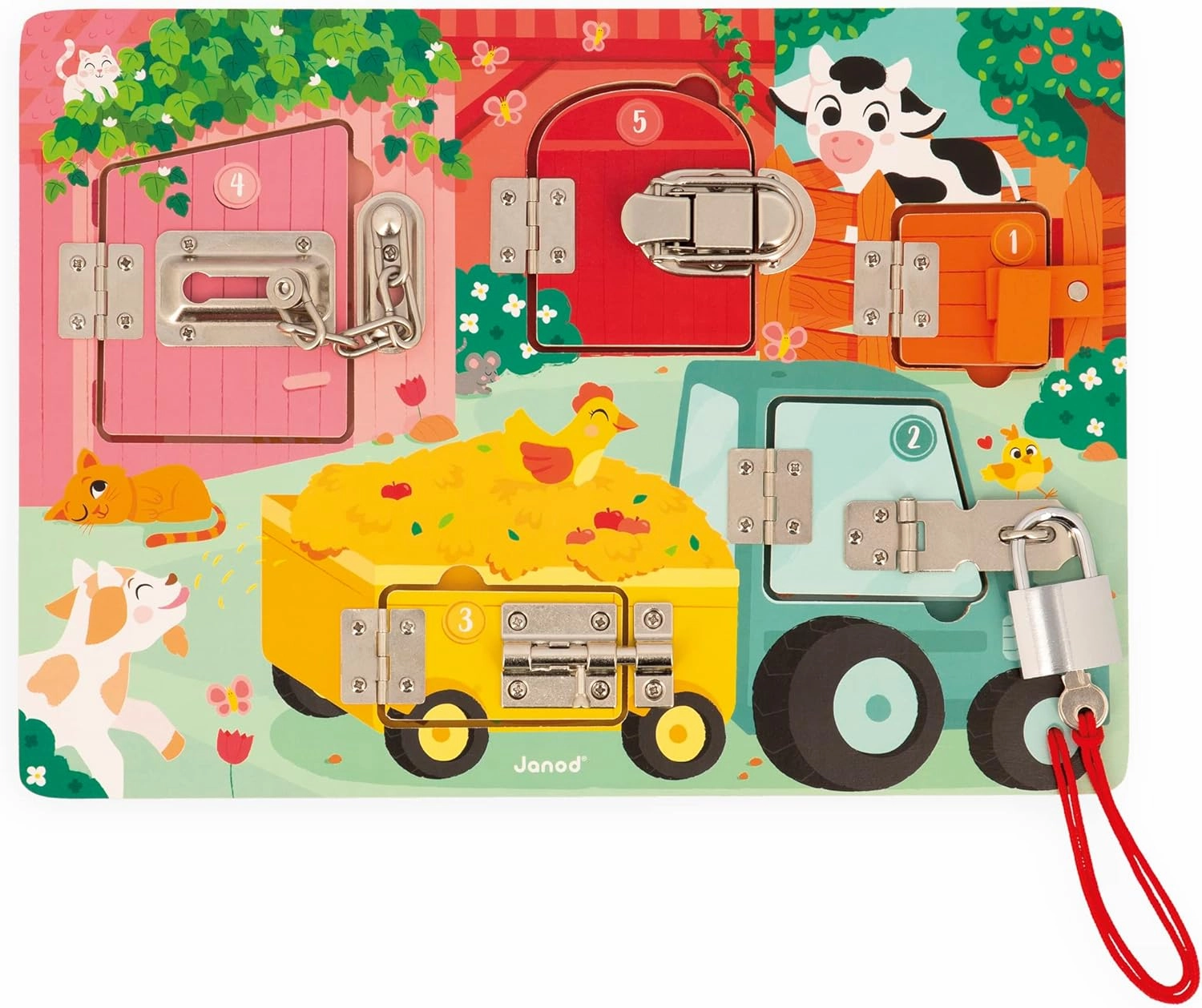 Janod J07119 Farm Padlock Activity Board with 5 Opening Types of Wooden Toys, FSC- from 3 Years, Multi-Coloured