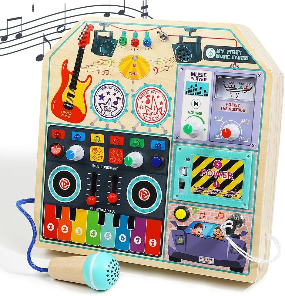 JAUNTY Musical Wooden Busy Board for Toddlers 3 4 5 | Montessori Toy with Guitar, Drums, Piano, DJ & Cymbal | Sensory Toy for Motor Skills & Music Learning