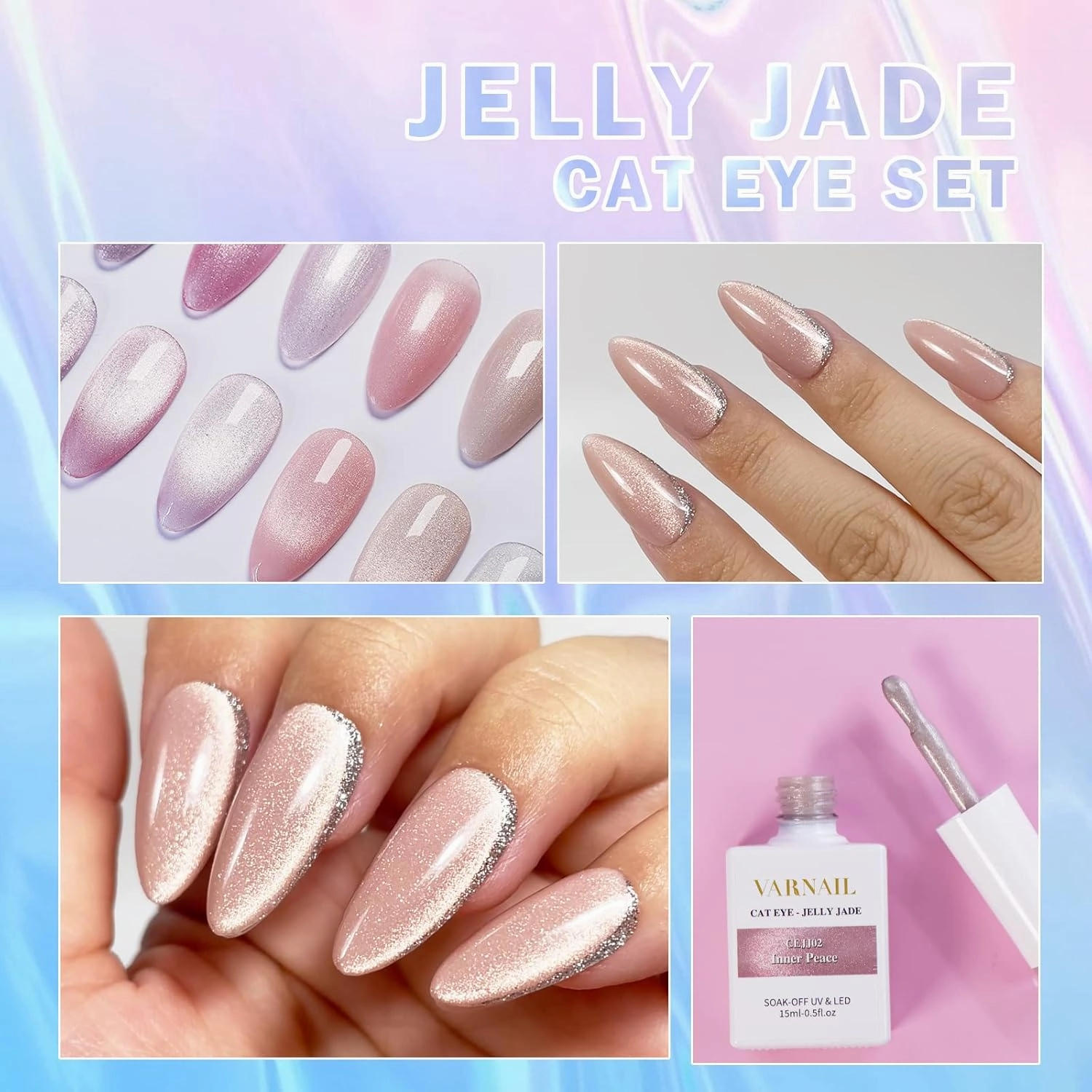 Jelly Jade Cat Eye Gel Polish Set 6 Colors, 15ML Nude Pink Color Cat Eye Gel Polish with Magnet, Salon Quality Magnetic Gel Nail Polish