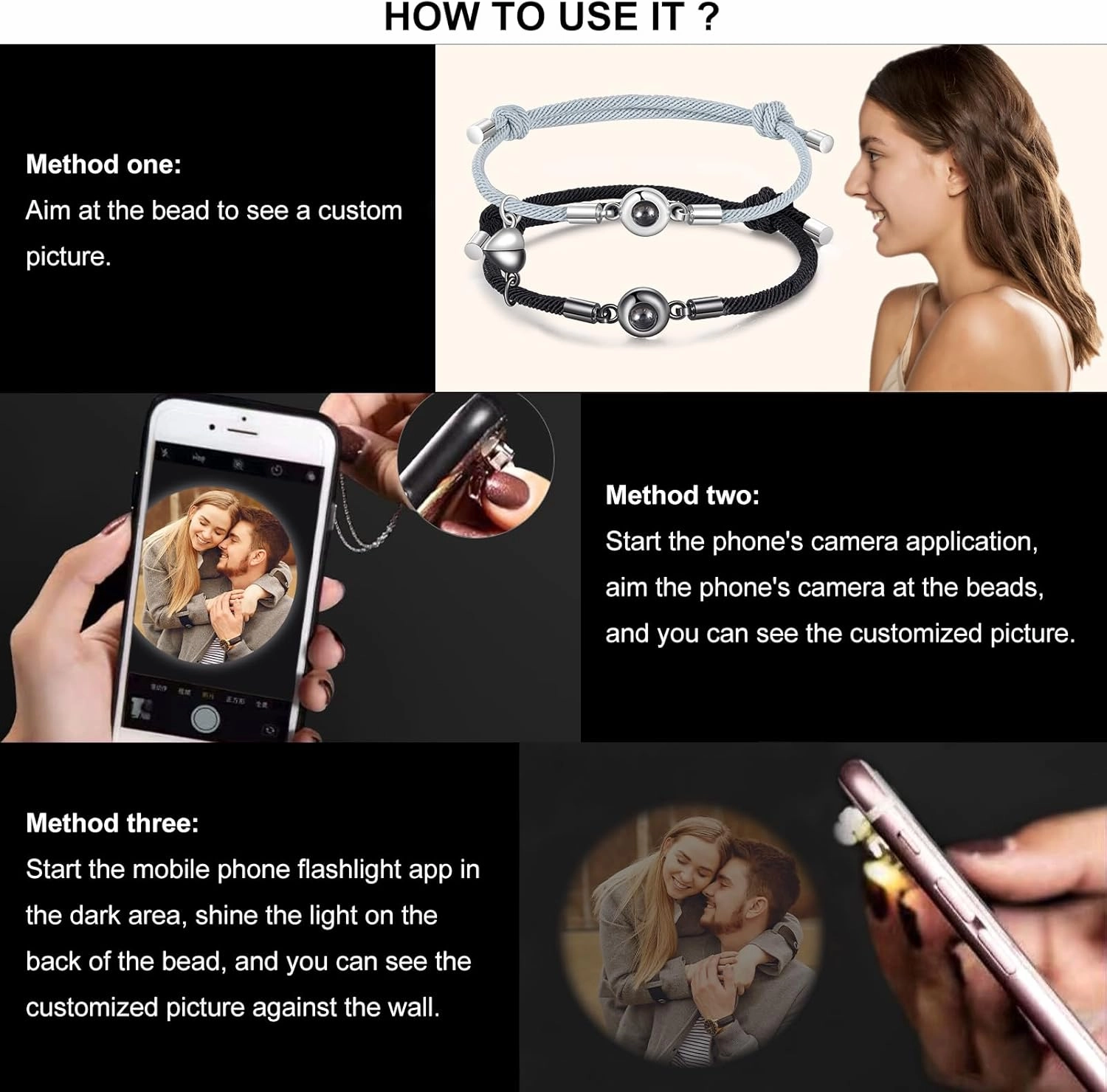 JewelOra Couples Bracelets Custom Photo Bracelets for Couples Personalized Photo Projection Bracelets for Women Men Custom Matching Couple Bracelet Gifts for Valentine's Day