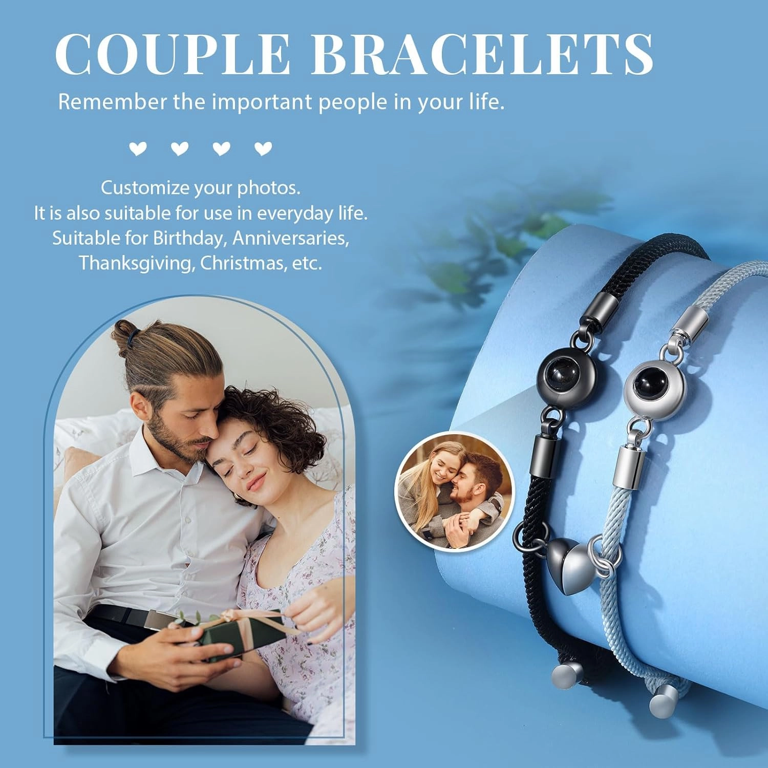 JewelOra Couples Bracelets Custom Photo Bracelets for Couples Personalized Photo Projection Bracelets for Women Men Custom Matching Couple Bracelet Gifts for Valentine's Day