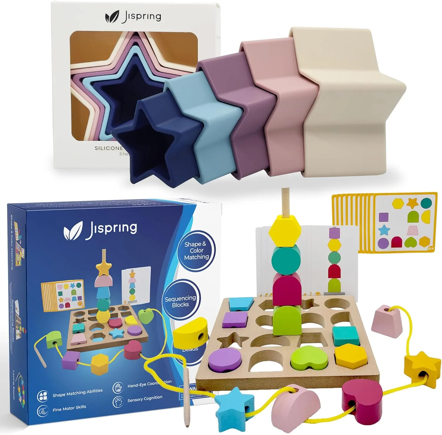 Jispring Silicone Stacking & Nesting Toys, 3-in-1 Wooden Shape Sorters, Sequencing and Lacing Beads, Products for People with Dementia and Alzheimers, Anxiety Relief
