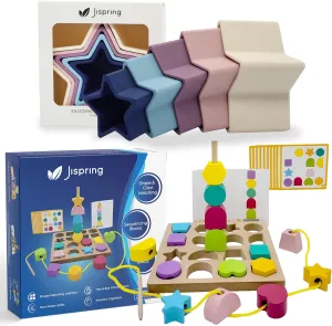 Jispring Silicone Stacking & Nesting Toys, 3-in-1 Wooden Shape Sorters, Sequencing and Lacing Beads, Products for People with Dementia and Alzheimers, Anxiety Relief