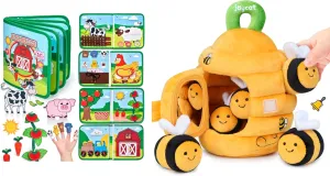 JoyCat Farm Animal Busy Book  Soft Baby Beehive with 5 Soft Sensory Bees - Honeybee Plush Toy for 0-12 Months - Rattle, Crinkle Paper, Squeaker, Mirror, Busy Toy for Babies 6-12 Months, 0-3 Years Old