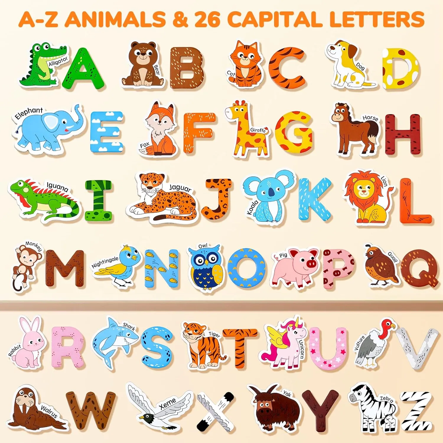 JoyCat Wooden Fridge Magnets for Toddlers – 26 Cute Animals & Uppercase Letters, Large Refrigerator ABC Alphabet Magnets Set for Kids, Preschool Learning Spelling Alphabet Gifts Toy for Ages 2 