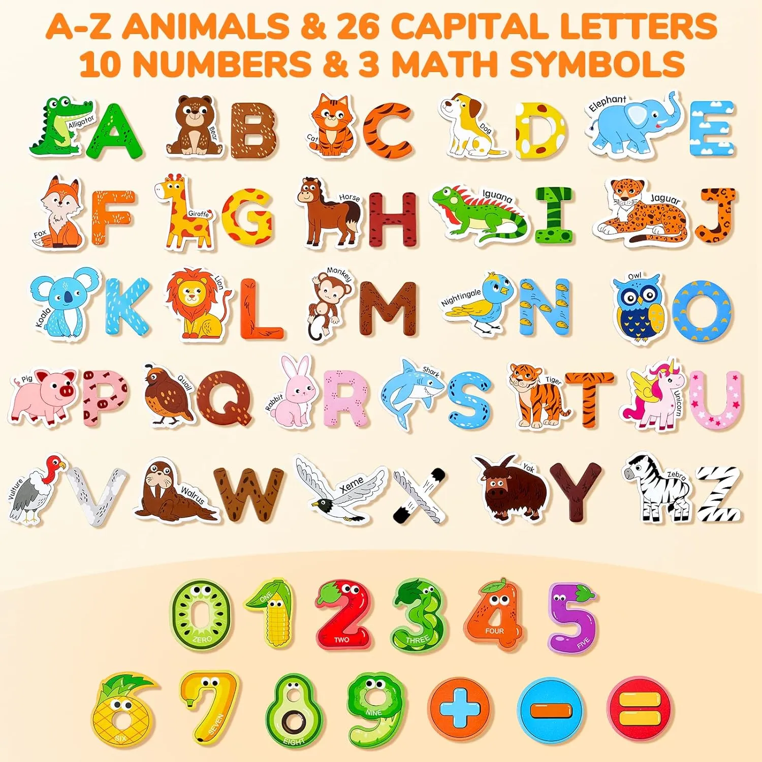 JoyCat Wooden Kids Magnets – 26 Cute Animals, Alphabet Uppercase Letters, and 0-9 Numbers, Fridge Magnets for Toddlers, Fun Educational Spelling Learning Gift for Toddlers & Kids