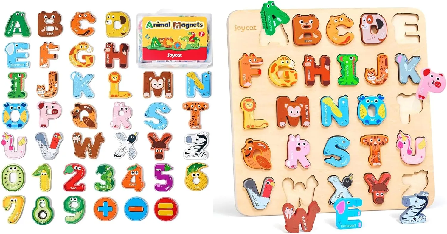 JoyCat Wooden Thick Alphabet Magnets for Toddlers Wooden Animal Alphabet Puzzles for Toddlers 1-3, 26 Letter Pieces, Montessori ABC Learning Toy