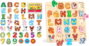 JoyCat Wooden Thick Alphabet Magnets for Toddlers Wooden Animal Alphabet Puzzles for Toddlers 1-3, 26 Letter Pieces, Montessori ABC Learning Toy