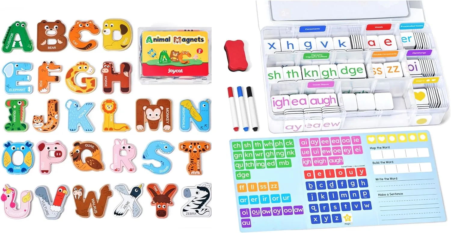 JoyCat Wooden Thick Alphabet Magnets Phonics Word Magnetic Letter Tiles-JoyCat 265 Alphabet Tiles, Magnetic Letters Kit with Word-Building Folder and Storage Case, Kindergarten Phonics Awareness, Scie