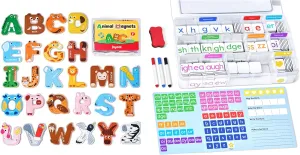 JoyCat Wooden Thick Alphabet Magnets Phonics Word Magnetic Letter Tiles-JoyCat 265 Alphabet Tiles, Magnetic Letters Kit with Word-Building Folder and Storage Case, Kindergarten Phonics Awareness, Scie