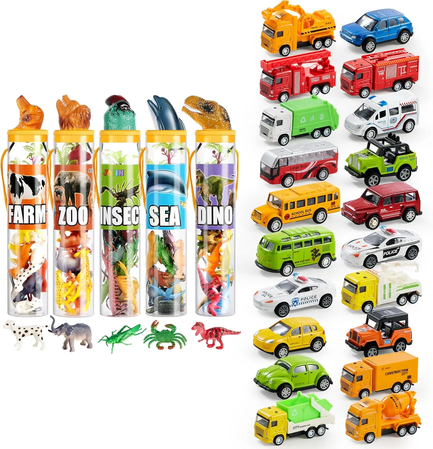 JOYIN 20 Pcs Die Cast Pull Back Cars with 69Pcs Small Animal Figures, Christmas Birthday Gifts, Toddler 1-3, Kid 3-5