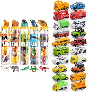 JOYIN 20 Pcs Die Cast Pull Back Cars with 69Pcs Small Animal Figures, Christmas Birthday Gifts, Toddler 1-3, Kid 3-5