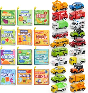 JOYIN 20PCS Die Cast Metal Pull Back Toy Cars with 12 Pcs Bath Books, Vehicle Set for Toddlers, Nontoxic Fabric Soft Crinkly Cloth Books