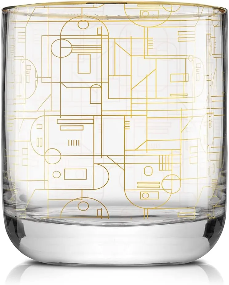 JoyJolt Star Wars Glassware. 'Deco' Lowball Glasses Set of 4, 10oz Star Wars Glasses. Short Glass Tumbler with Darth Vader in a Retro Crystal Glass Cup. Double Old Fashioned Rocks Glass or Water Glass