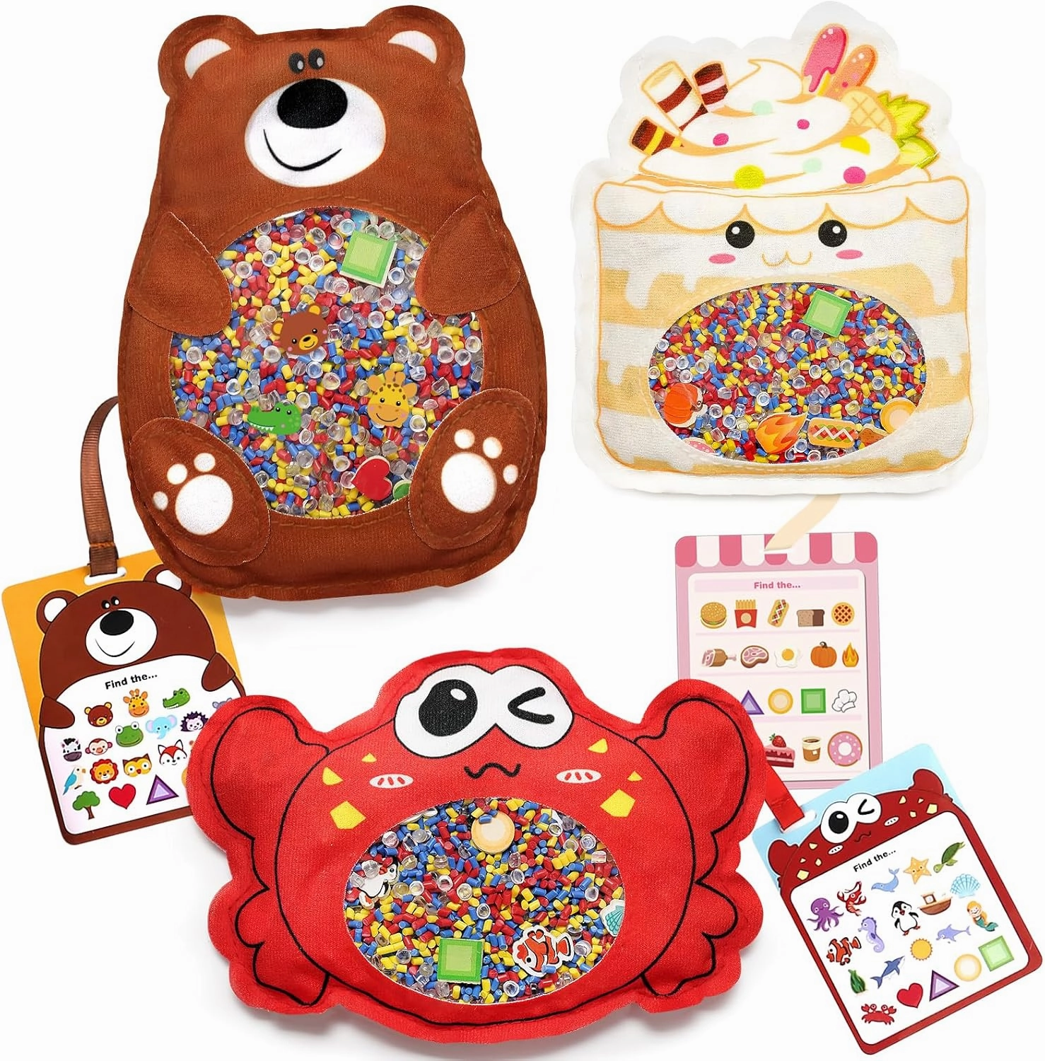 Joyreal Hide and Seek Busy Bag- 3 Pack Seek and Find Hidden Object Game, Sensory Hidden Object Search Problem Solving Travel Game for Kids 3 , Including Alphabet, Food, Fish, Animal (3)